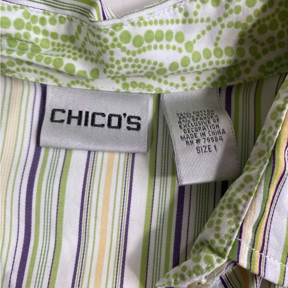 Chicos Size 1 Button Down Striped Blouse Womens Size Medium Purple White Green - Picture 6 of 13